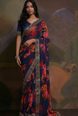 Blue Smart Floral Print Ethnic Festive Saree 1