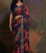 Blue Smart Floral Print Ethnic Festive Saree