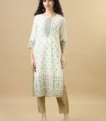 Olive 3/4th sleeves linen floral regular fit calf length kurta