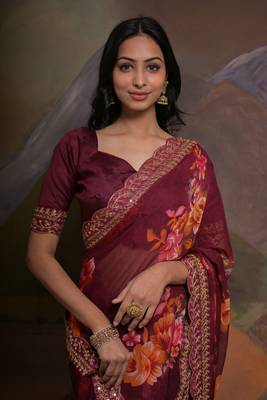 Wine Smart Floral Print Ethnic Festive Saree 3
