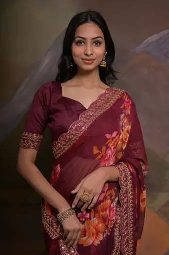 Wine Smart Floral Print Ethnic Festive Saree