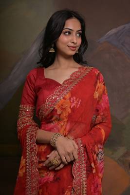 Red Smart Floral Print Ethnic Festive Saree 3