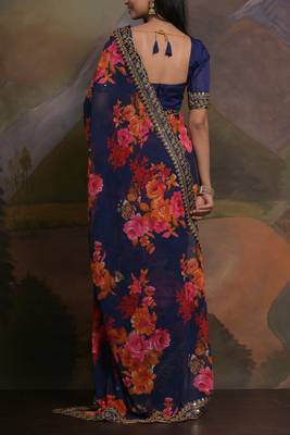 Blue Smart Floral Print Ethnic Festive Saree 2