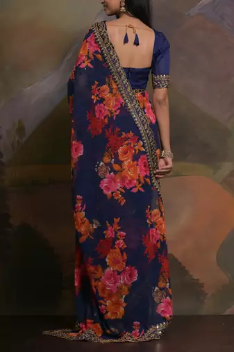 Blue Smart Floral Print Ethnic Festive Saree