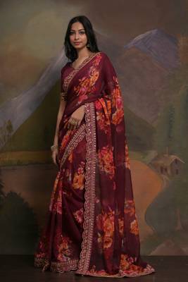 Wine Smart Floral Print Ethnic Festive Saree 4