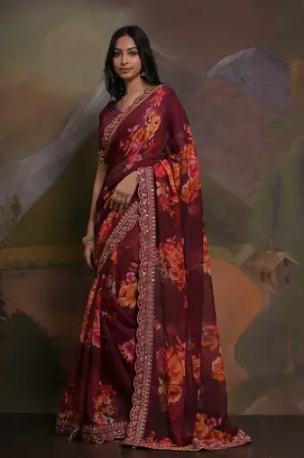 Wine Smart Floral Print Ethnic Festive Saree