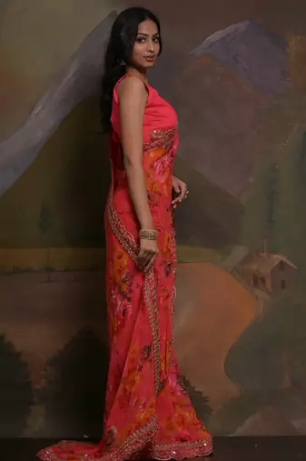 Pink Smart Floral Print Ethnic Festive Saree
