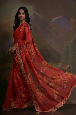 Red Smart Floral Print Ethnic Festive Saree 4