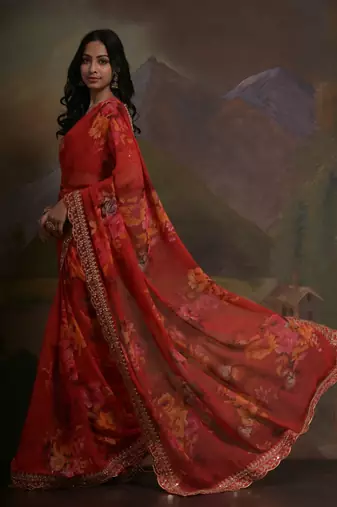 Red Smart Floral Print Ethnic Festive Saree