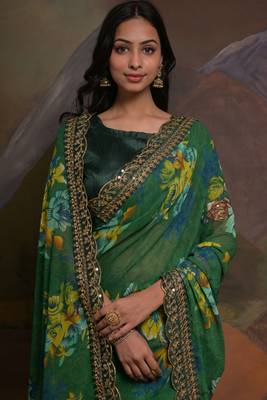 Green Smart Floral Print Ethnic Festive Saree 3