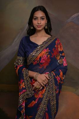 Blue Smart Floral Print Ethnic Festive Saree 3