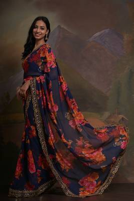 Blue Smart Floral Print Ethnic Festive Saree 4
