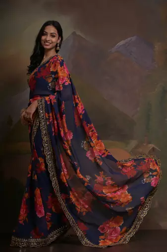 Blue Smart Floral Print Ethnic Festive Saree