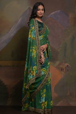 Green Smart Floral Print Ethnic Festive Saree 4