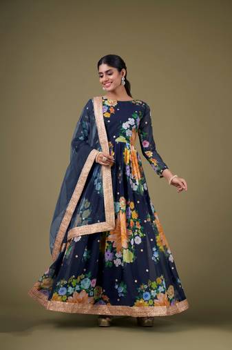 Beautiful floral printed blue colour designer partywear anarkali dress