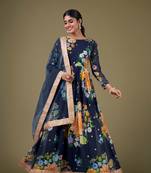 Beautiful floral printed blue colour partywear anarkali dress
