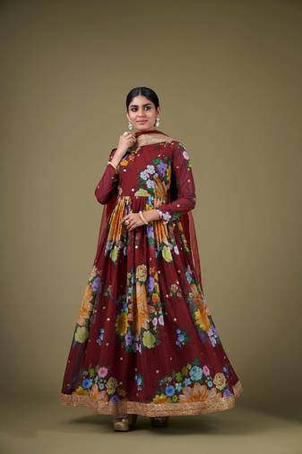 Beautiful floral printed maroon colour designer partywear anarkali dress