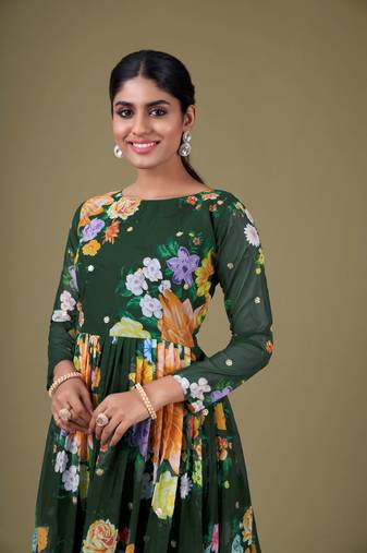 Beautiful floral printed green colour designer partywear anarkali dress