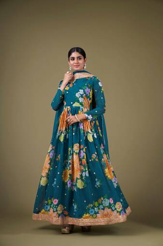 Beautiful floral printed teal blue colour designer partywear anarkali dress