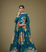 Beautiful floral printed teal blue colour partywear anarkali dress