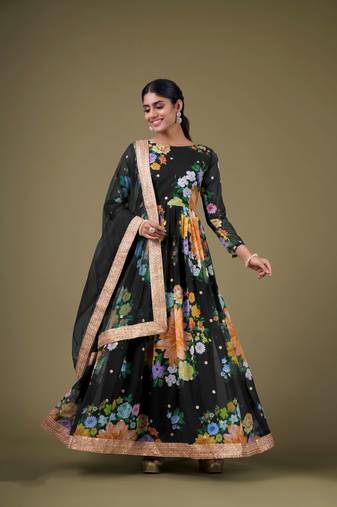 Beautiful floral printed black colour designer partywear anarkali dress