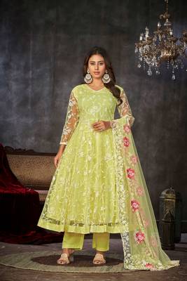 Smart light yellow colour beautiful resham embroidery anarkali suit 1