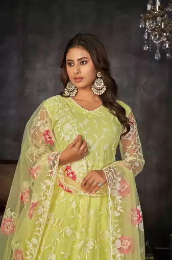 Smart light yellow colour beautiful resham embroidery anarkali suit