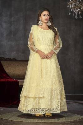 Smart light yellow colour beautiful resham embroidery anarkali suit 1