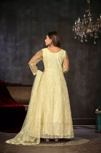 Smart light yellow colour beautiful resham embroidery anarkali suit