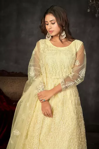 Smart light yellow colour beautiful resham embroidery anarkali suit