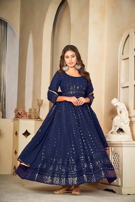 Blue colour ethnic resham embroidered heavy partywear dress 1
