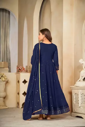 Blue colour ethnic resham embroidered heavy partywear dress