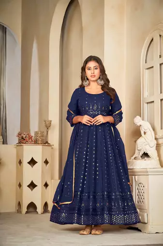 Blue colour ethnic resham embroidered heavy partywear dress