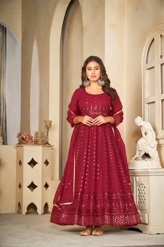 Maroon colour ethnic resham embroidered heavy partywear dress