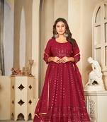 Maroon colour ethnic resham embroidered heavy partywear dress