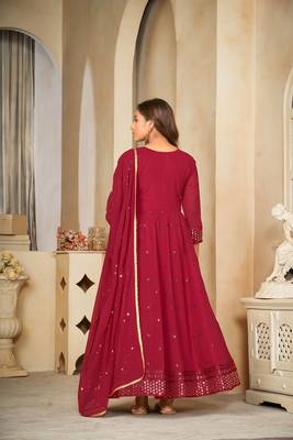 Maroon colour ethnic resham embroidered heavy partywear dress 2