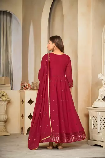 Maroon colour ethnic resham embroidered heavy partywear dress