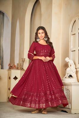 Maroon colour ethnic resham embroidered heavy partywear dress 3