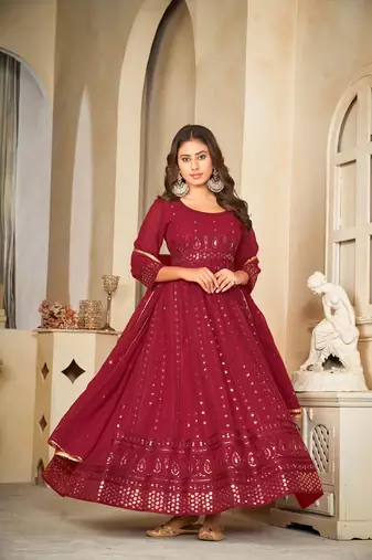 Maroon colour ethnic resham embroidered heavy partywear dress