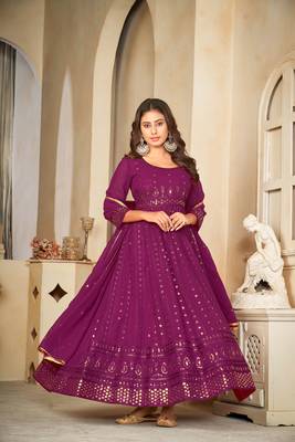 Purple colour ethnic resham embroidered heavy partywear dress 1