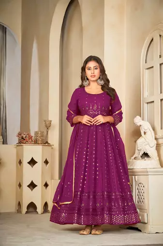 Purple colour ethnic resham embroidered heavy partywear dress