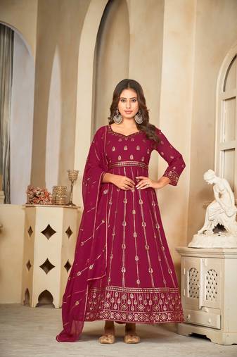 Pink colour ethnic resham embroidered heavy partywear dress