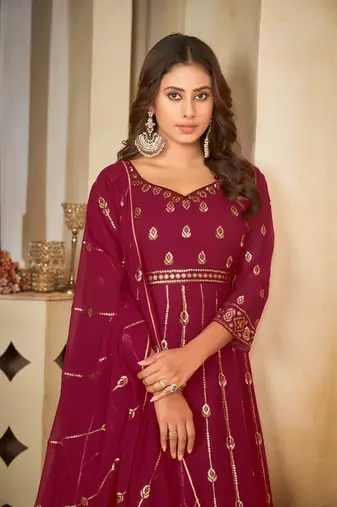 Pink colour ethnic resham embroidered heavy partywear dress