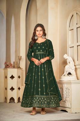 Green colour ethnic resham embroidered heavy partywear dress 1
