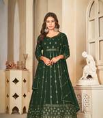 Green colour ethnic resham embroidered heavy partywear dress