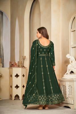 Green colour ethnic resham embroidered heavy partywear dress 2