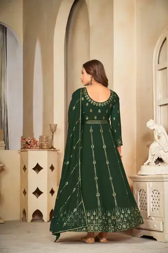Green colour ethnic resham embroidered heavy partywear dress