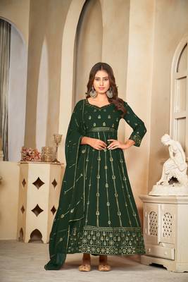 Green colour ethnic resham embroidered heavy partywear dress 3