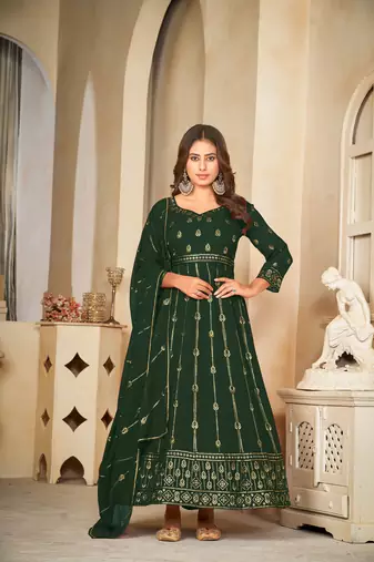 Green colour ethnic resham embroidered heavy partywear dress