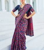 Navy Pashmina style Kashmiri cotton bland thread work saree with blouse